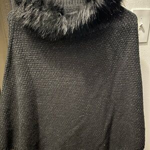 NWT Elegant Black Shrug/Poncho with Faux Fur Collar